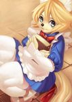  anthro aruurara book canine female fox hi_res holding komimi legwear looking_at_viewer maid maid_uniform mammal shoes sitting solo stockings 