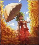  beckoning cloud day flower from_below green_hair hair_flower hair_ornament highres karbo kazami_yuuka parasol red_eyes short_hair sky smile solo sunflower touhou umbrella 