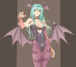  animal_print aqua_hair bare_shoulders bat bat_print bat_wings belt breasts choker cleavage collar delta5546 demon_girl elbow_gloves fingerless_gloves fingernails gloves green_eyes head_wings heart_cutout highres large_breasts leotard long_fingernails long_hair low_wings morrigan_aensland nail_polish outstretched_hand pantyhose print_legwear purple_wings shiny shiny_clothes skin_tight solo succubus thigh_gap vampire_(game) wings 