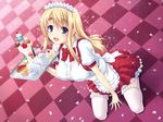  apron between_legs blonde_hair blue_eyes bow cake checkered checkered_floor cup dessert food hand_between_legs ice_cream k-on! kotobuki_tsumugi long_hair miyai_sen petals pie solo sparkle tea_set teacup teapot thighhighs tray waitress 