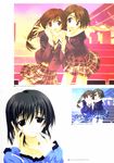  absurdres amazuyu_tatsuki black_eyes black_hair blazer brown_eyes brown_hair copyright_request highres jacket multiple_girls plaid plaid_skirt scarf school_uniform shared_scarf skirt 