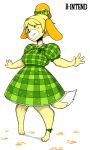 2018 3_toes 4_fingers animal_crossing anthro b-intend barefoot breasts canine clothing digital_media_(artwork) dog dress female fur isabelle_(animal_crossing) mammal nintendo paws shih_tzu simple_background smile solo toes video_games white_background yellow_fur 