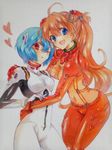  ayanami_rei bad_id bad_pixiv_id blue_eyes blue_hair bodysuit hair_ornament heart hug kanna_irori marker_(medium) multicolored multicolored_bodysuit multicolored_clothes multiple_girls neon_genesis_evangelion one_eye_closed orange_bodysuit orange_hair plugsuit rebuild_of_evangelion red_bodysuit red_eyes shikinami_asuka_langley skin_tight smile souryuu_asuka_langley test_plugsuit traditional_media white_bodysuit 