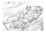  black_and_white breast_suck breasts cuddle eyes_closed female lesbian male monochrome nude otter pregnant sketch straight threesome unknown_artist webbed_hands 
