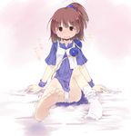  arle_nadja bed_sheet blue_skirt blurry blush brown_eyes brown_hair depth_of_field dress feet half_updo highres kuroba_u legs madou_monogatari open_mouth panties ponytail puyopuyo sheet_grab single_sock sitting skirt socks soles solo sweatdrop trembling underwear wristband 