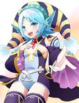  :d blue_eyes blue_hair detached_sleeves happy hat leotard open_mouth outstretched_hand phantasy_star phantasy_star_portable_2 purple_legwear riku_kanna short_hair smile solo star thighhighs 