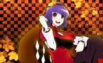  :d breasts checkered checkered_background gayprince hair_ornament headband high_contrast highres leaf medium_breasts open_mouth purple_hair red_eyes rope shide shimenawa short_hair smile solo touhou yasaka_kanako 