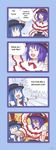  4koma angry blood blue_hair bow bowtie comic daigada dress english face_punch food frills fruit hat hat_ribbon highres hinanawi_tenshi in_the_face long_hair multiple_girls nagae_iku o_o peach punching purple_hair red_eyes ribbon rising_sun shawl short_hair sunburst teardrop touhou 