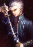  absurdres bad_id bad_pixiv_id blue_eyes devil_may_cry devil_may_cry_3 fingerless_gloves gloves highres katana looking_at_viewer male_focus senano-yu solo sword vergil weapon white_hair 