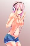  bad_id bad_pixiv_id breasts denim denim_shorts headphones kumarisu large_breasts long_hair navel nitroplus open_fly pink_eyes pink_hair shorts skindentation solo super_sonico suspenders unzipped 