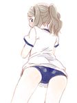  ass blue_eyes blush brown_hair buruma chibikko_(morihito) eyebrows from_behind gym_uniform looking_back morihito original ponytail sidelocks solo thick_eyebrows 