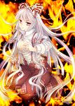  bow breasts cleavage fire fujiwara_no_mokou hair_bow kneeling long_hair medium_breasts mikazuki_sara open_clothes open_shirt red_eyes shirt solo suspenders touhou unbuttoned very_long_hair white_hair 