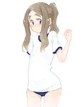  blue_eyes blush brown_hair buruma chibikko_(morihito) eyebrows gym_uniform morihito original ponytail sidelocks simple_background solo thick_eyebrows 