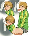  1girl bike_shorts brown_eyes brown_hair censored cum cum_in_mouth cum_in_nose fellatio hamanasu hetero jacket kneeling narukami_yuu oral overflow penis persona persona_4 satonaka_chie seiza short_hair sitting skirt sweat track_jacket 