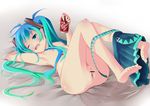  aqua_eyes aqua_hair barefoot censored dr_pepper flat_chest giji_eizan hatsune_miku highres long_hair lying necktie on_back pointless_censoring pussy skirt solo twintails very_long_hair vocaloid 