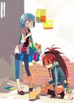  alley alternate_costume animal bag blue_eyes blue_hair bow capri_pants casual cat chips fang food groceries hair_bow hashimoto_shin hood hood_down hoodie jacket long_hair looking_up mahou_shoujo_madoka_magica miki_sayaka multiple_girls pants ponytail potato_chips red_eyes red_hair sakura_kyouko shirt shoulder_bag squatting standing striped striped_shirt 