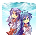  bad_id bad_pixiv_id blue_hair green_eyes highres hiiragi_kagami izumi_konata long_hair lucky_star ma_lo mole mole_under_eye multiple_girls pink_neckwear purple_eyes purple_hair ryouou_school_uniform school_uniform serafuku twintails 