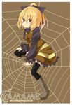  bad_id bad_pixiv_id black_legwear blonde_hair brown_eyes hair_ribbon hati105 kurodani_yamame ponytail ribbon silk solo spider_web thighhighs touhou 