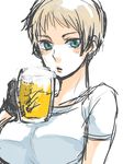  alcohol axis_powers_hetalia bad_id bad_pixiv_id beer blonde_hair blue_eyes blush breasts cup genderswap genderswap_(mtf) germany_(hetalia) glass gloves large_breasts looking_at_viewer nishiyama_(whatsoy) shirt short_hair simple_background sketch solo white_background 