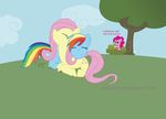  bush clouds crossover cuddle dialouge diegotan dt equine fluttershy_(mlp) friendship_is_magic hasbro horse hug my_little_pony pinkie_pie_(mlp) pony popcorn rainbow_dash_(mlp) sky tree wood 