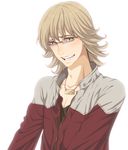  bad_id bad_pixiv_id barnaby_brooks_jr blonde_hair blush glasses green_eyes jacket jewelry male_focus necklace red_jacket simple_background solo tiger_&amp;_bunny white_background yossu 