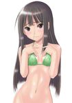  bikini_top black_hair blush bottomless breasts brown_eyes collarbone covered_nipples groin long_hair looking_at_viewer muffin_(sirumeria) navel nipples original out-of-frame_censoring simple_background small_breasts solo string_bikini upper_body wavy_mouth 