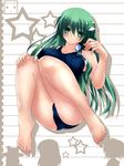  absurdres bare_shoulders barefoot collarbone frog green_eyes green_hair hair_ornament hair_tubes highres kochiya_sanae long_hair looking_at_viewer ngirln4 one-piece_swimsuit school_swimsuit sitting solo swimsuit touhou 
