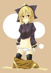  bad_id bad_pixiv_id black_legwear blonde_hair blush brown_eyes hair_ribbon hati105 kneeling kurodani_yamame navel panties panty_pull ponytail ribbon skirt skirt_pull solo thighhighs touhou underwear white_panties 