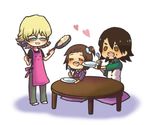  2boys apron bad_id bad_pixiv_id barnaby_brooks_jr blonde_hair brown_hair chibi facial_hair father_and_daughter food fried_rice frying_pan glasses happy heart kaburagi_kaede kaburagi_t_kotetsu ladle lowres multiple_boys plate shiomame_(moh) side_ponytail stubble table tiger_&amp;_bunny 