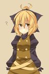  ? bad_id bad_pixiv_id blonde_hair brown_eyes hair_ribbon hati105 highres kurodani_yamame ponytail ribbon solo sweatdrop touhou 