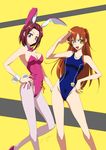  animal_ears ashford_academy_swimsuit ass_visible_through_thighs blue_swimsuit bow bowtie breasts brown_hair bunny_ears bunnysuit cameltoe cleavage code_geass detached_collar hand_on_hip highleg highleg_swimsuit highres kallen_stadtfeld leotard long_hair long_legs looking_at_viewer medium_breasts multiple_girls onaya_masakazu one-piece_swimsuit open_mouth pantyhose pink_footwear pink_leotard pink_neckwear pose print_swimsuit red_hair salute school_emblem school_swimsuit shirley_fenette short_hair smile strapless strapless_leotard swimsuit white_legwear wrist_cuffs yellow_eyes 