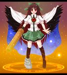  arayama_reiichi black_hair breasts covered_nipples hair_ribbon large_breasts long_hair mismatched_footwear red_eyes reiuji_utsuho ribbon solo touhou wings 