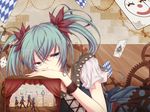  aqua_eyes aqua_hair card falling_card gears hatsune_miku karakuri_pierrot_(vocaloid) mokoppe solo twintails vocaloid wristband 