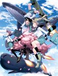  bad_id bad_pixiv_id bag blonde_hair blue_hair boots brown_eyes cherry_blossoms cloud day digital_media_player earphones flying flying_whale highres ipod masao mouth_hold multiple_girls original pink_hair raccoon_tail satchel school_uniform serafuku sky socks squid surreal tail thighhighs tree twintails whale 