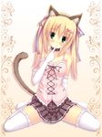  absurdres animal_ears bad_id bad_pixiv_id bare_shoulders blonde_hair blush cat_ears cat_tail collar collarbone elbow_gloves fake_animal_ears finger_to_mouth gloves green_eyes hair_ornament hair_ribbon hairband hairclip head_tilt highres ichiroku looking_at_viewer original pleated_skirt ribbon sena_(ichiroku) sitting skirt solo tail thighhighs wariza white_legwear 