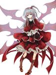  blue_eyes boots capelet cross-laced_footwear dress frills hair_bobbles hair_ornament lace-up_boots long_hair open_mouth red_capelet ribbon shinki shippu_man silver_hair simple_background sleeves_past_wrists solo touhou wings 