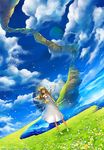  angel angel_wings barefoot blonde_hair chisaki_(sorajik) cloud day dress dutch_angle field flower grass long_hair moon original outstretched_hand petals pigeon-toed sky smile solo standing sundress wings 