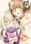  bad_id bad_pixiv_id blonde_hair braid brown_hair coat creature elize_lutus flower green_eyes hair_flower hair_ornament hairband hug leia_rolando long_hair multiple_girls short_hair smile sumomo_(peach-breath) tales_of_(series) tales_of_xillia teepo_(tales) yellow_eyes 