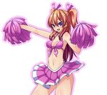  akutsu blonde_hair blue_eyes blush bow cheerleader front-tie_top houjou_hibiki long_hair navel open_mouth pink_bow pink_skirt pom_poms precure skirt smile solo suite_precure two_side_up white_background 