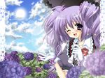  blue_sky blurry blush bow bracelet cloud day depth_of_field drill_hair flower gloves hair_ornament hydrangea jewelry lace_border one_eye_closed open_mouth original puffy_sleeves purple_eyes purple_hair short_hair short_sleeves sky solo sun suzushiro_atsushi twin_drills twintails umbrella upper_body white_gloves 