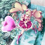  blonde_hair boots bow choker cure_peach dress fresh_precure! frills full_body hair_ornament hairpin hamuhamu heart heart_hair_ornament holding holding_wand knee_boots lace long_hair magical_girl md5_mismatch momozono_love peach_rod pink_bow pink_choker pink_footwear precure puffy_sleeves red_eyes smile solo twintails wand water wrist_cuffs 