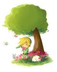  bird blonde_hair closed_eyes fairy flower grass hat krebs link male_focus nature pointy_ears smile solo standing the_legend_of_zelda tree tunic 