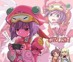  &gt;_&lt; =_= closed_eyes crossover expressive_clothes goggles handheld_game_console hat jan_(queen's_blade) lili_(tekken) lowres maron_macaron multiple_girls playstation_portable purple_eyes purple_hair queen's_gate queen's_gate_spiral_chaos shirosame tekken torn_clothes 
