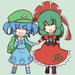  backpack bad_id bad_pixiv_id bag blue_hair bow chibi dress frills front_ponytail green_hair hair_bobbles hair_bow hair_ornament hair_ribbon happy kagiyama_hina kawashiro_nitori key long_hair multiple_girls nosada open_mouth ribbon short_hair smile touhou two_side_up 