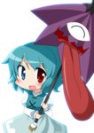  ayu_(iyokanya) bad_id bad_pixiv_id blue_eyes blue_hair closed_eyes heterochromia karakasa_obake open_mouth purple_umbrella red_eyes short_hair skirt smile solo tatara_kogasa tongue touhou umbrella 