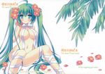  absurdres blush breasts cleavage flower green_hair hair_flower hair_ornament hatsune_miku highres inugahora_an large_breasts long_hair looking_at_viewer naked_ribbon navel ribbon scan smile solo twintails very_long_hair vocaloid 
