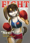  bandage black_eye blue_eyes boxer boxing boxing_gloves brown_hair clothing english_text female froggiechan hair lagomorph magazine mammal midriff powree rabbit shorts solo text tomboy 