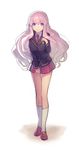  baka_to_test_to_shoukanjuu breasts full_body hand_on_own_chest himeji_mizuki large_breasts leaning_forward loafers long_hair looking_at_viewer mckeee pink_hair purple_eyes school_uniform shoes simple_background sketch skirt smile socks solo standing thigh_gap white_legwear 