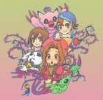  bad_id bad_pixiv_id bird blue_eyes brown_eyes brown_hair cat cowboy_hat digimon digimon_adventure hat multiple_girls palmon piyomon plant smile steve-fox surprised tachikawa_mimi tailmon takenouchi_sora thorns vines western yagami_hikari 