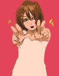  brown_eyes brown_hair double_v foreshortening hair_ornament hairclip hirasawa_yui k-on! looking_at_viewer open_mouth red_background round_teeth shnyam sketch solo teeth v 